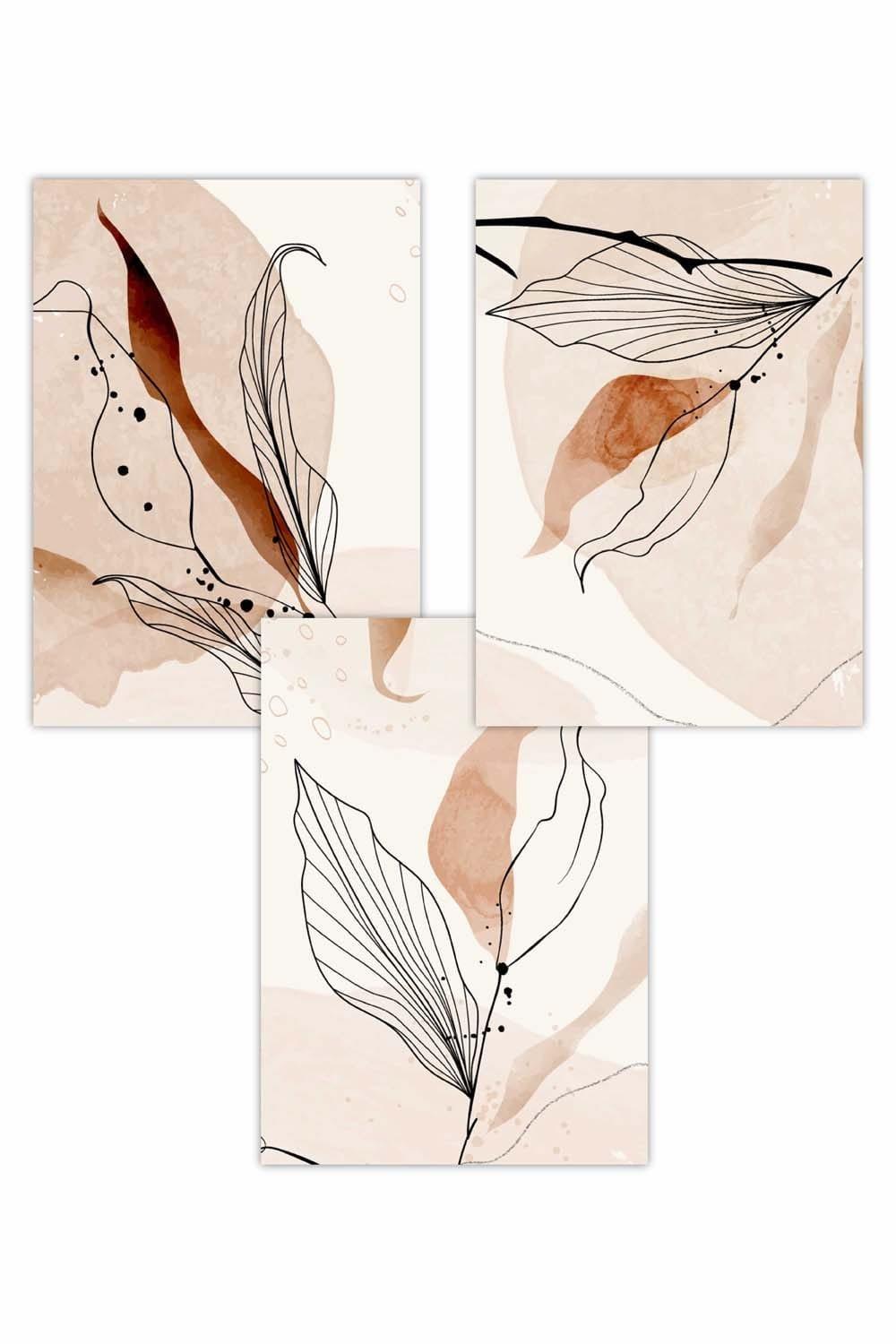 Set of 3 Graphical Line Art Autumn Leaves Art Posters